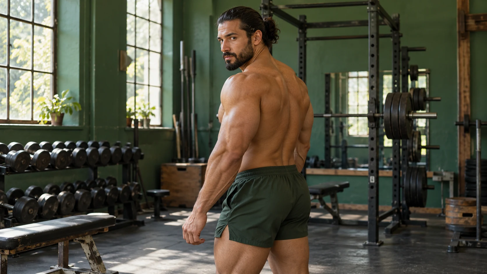Fictional adult male bodybuilder in a gym, an original fitness illustration for Lat Spread Log